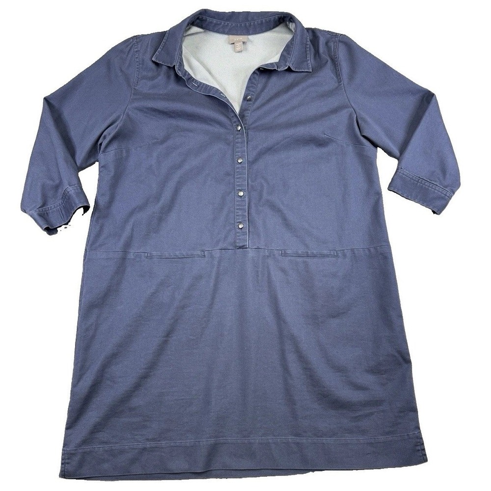 J.Jill Blue Half Button Up Shift Dress Sz Petite L Pockets Stretch Preppy Mature